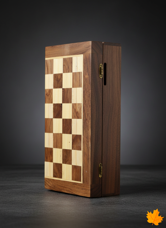 Wooden chess box with checkered design on a dark background
