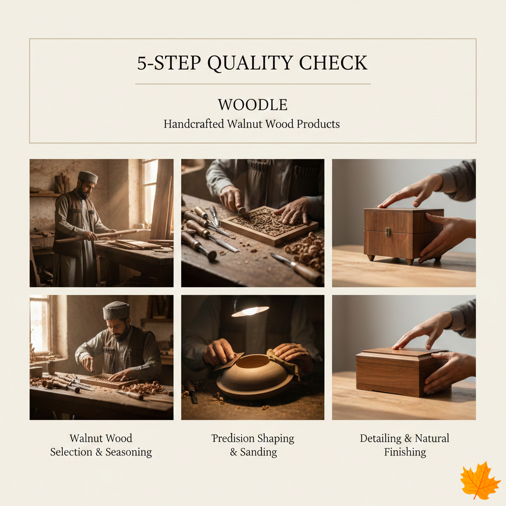 5-step quality check process for Woodle handcrafted walnut wood products.