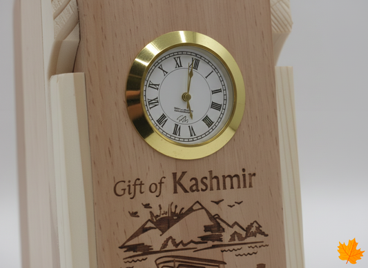 Premium Kashmiri Walnut Wood clock with gold rim and 'Gift of Kashmir' engraving on a white background