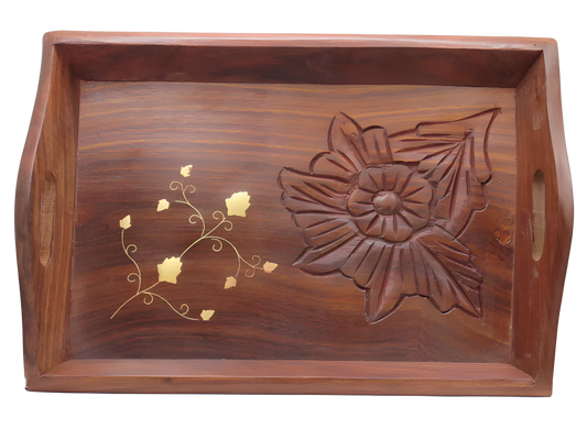 Handcrafted wooden serving tray with floral brass inlay