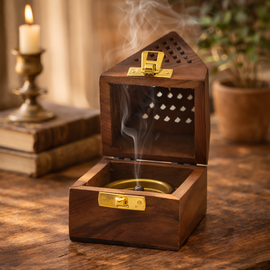 Wooden incense burner with smoke on a wooden surface, candle and books in the background