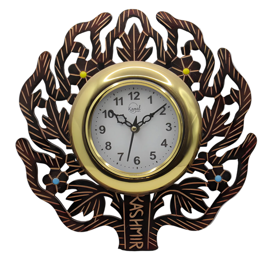 Handcrafted wooden wall clock with leaf motif