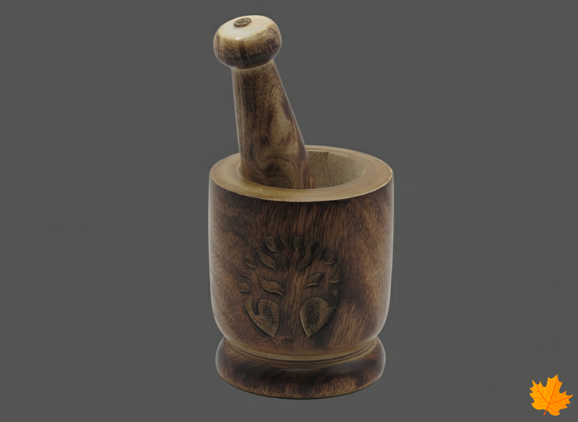 Handcrafted walnut wood Chinar Motif Mortar Pestle for home decor and gifting.