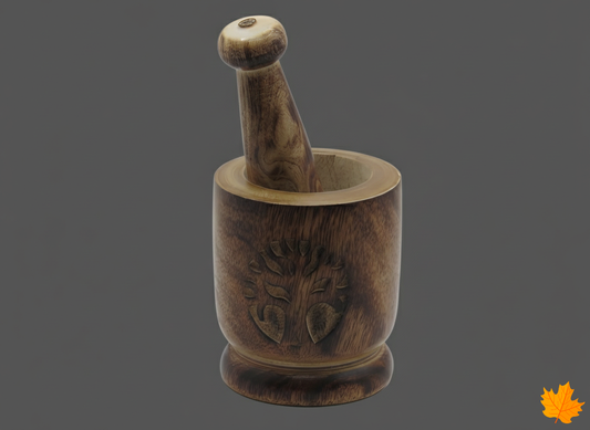 Handcrafted walnut wood Chinar Motif Mortar Pestle for home decor and gifting.