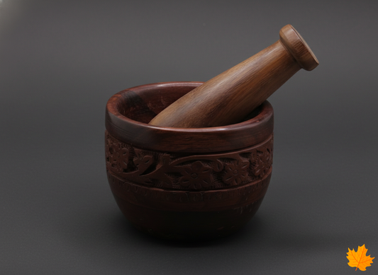 Handcrafted walnut wood Floral Carved Mortar Pestle for home decor and gifting.