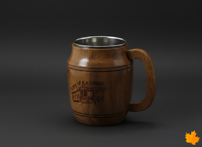Handcrafted walnut wood Houseboat Engraved Steel Mug for home decor and gifting.