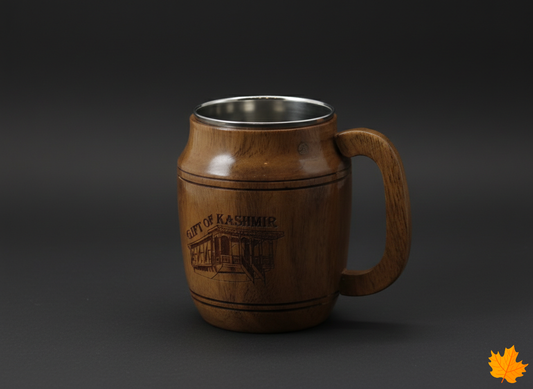 Handcrafted walnut wood Houseboat Engraved Steel Mug for home decor and gifting.