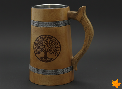 Handcrafted walnut wood Tree of Life Beer Tankard for home decor and gifting.
