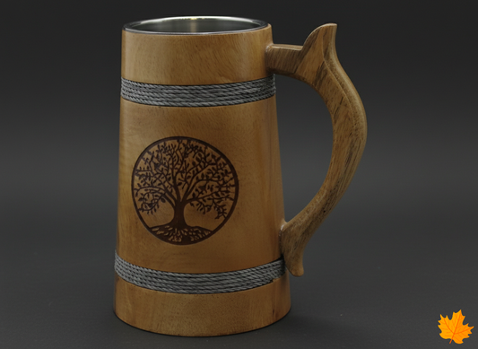 Handcrafted walnut wood Tree of Life Beer Tankard for home decor and gifting.