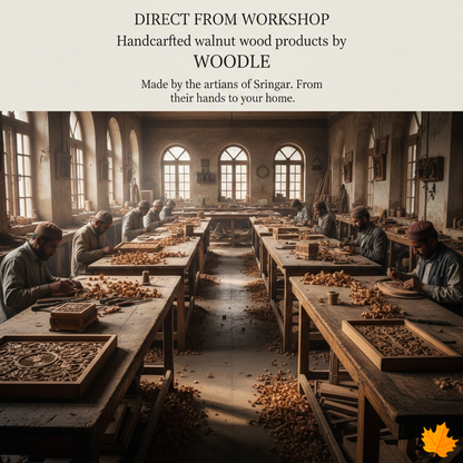 Workshop scene with artisans working on wooden products, featuring text about WOODLE handcrafted walnut wood products.