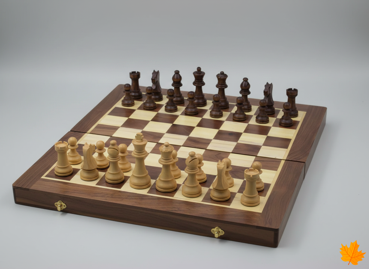 Wooden chessboard with pieces on a gray background