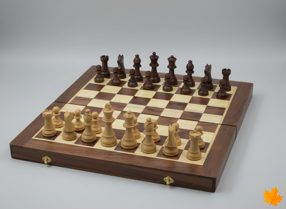 Wooden chessboard with pieces on a gray background