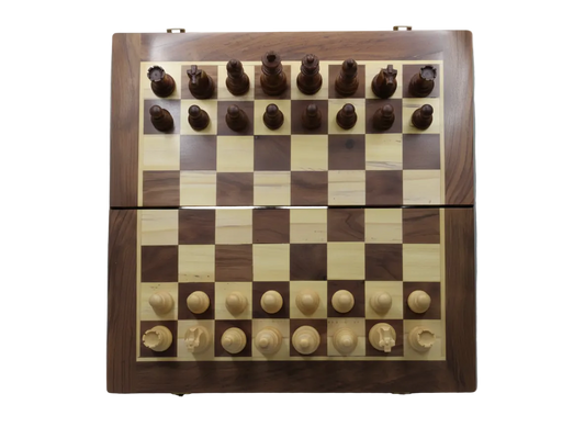 Handcrafted foldable wooden chess set with Kashmiri carving