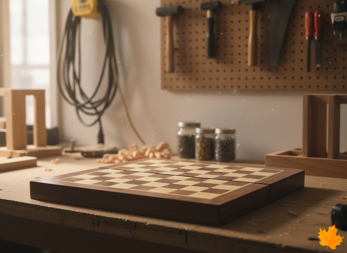 Wooden chessboard on a workbench with tools and materials in the background