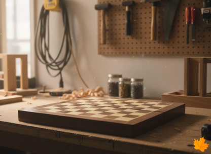 Wooden chessboard on a workbench with tools and materials in the background