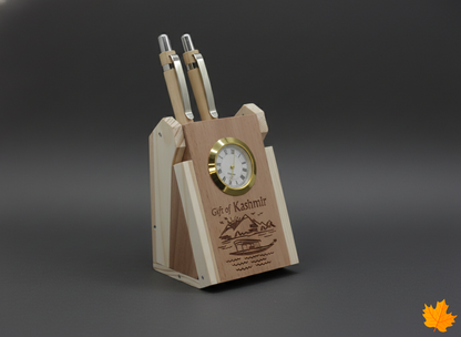 Wooden desk clock pen stand with Kashmiri houseboat engraving