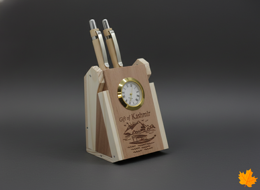 Wooden desk clock pen stand with Kashmiri houseboat engraving