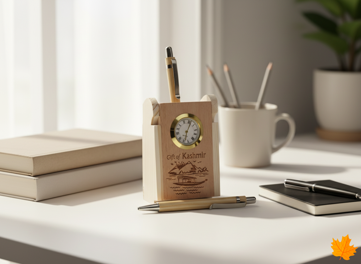 Premium Kashmiri Walnut Wood Pencil holder with clock on a desk with books and a mug in the background