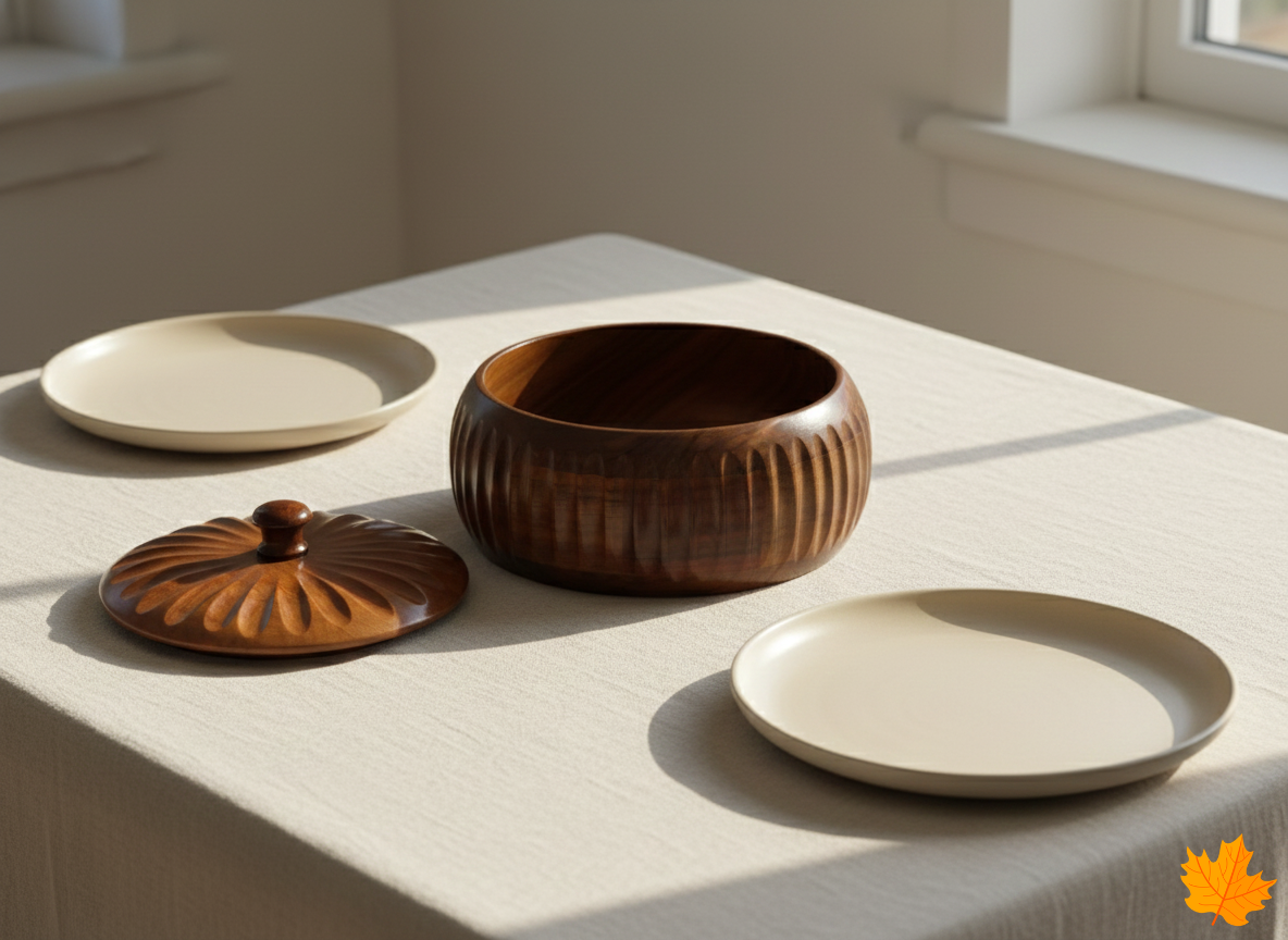 Premium Kashmiri Walnut Set of wooden and ceramic dishes on a light surface with a neutral background