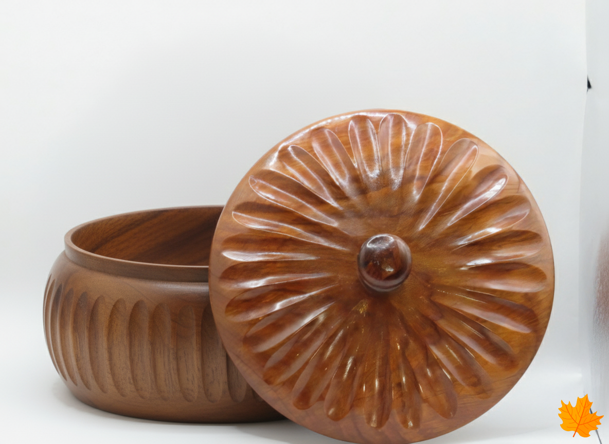 Premium Kashmiri Walnut Wood Brown ceramic jar with lid on a white background