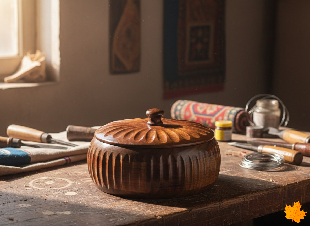 Premium Kashmiri Walnut Wood pot on a wooden surface with tools in the background