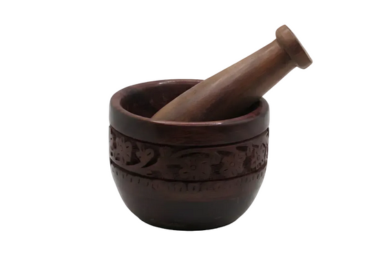 Handcarved walnut wood mortar and pestle with floral design