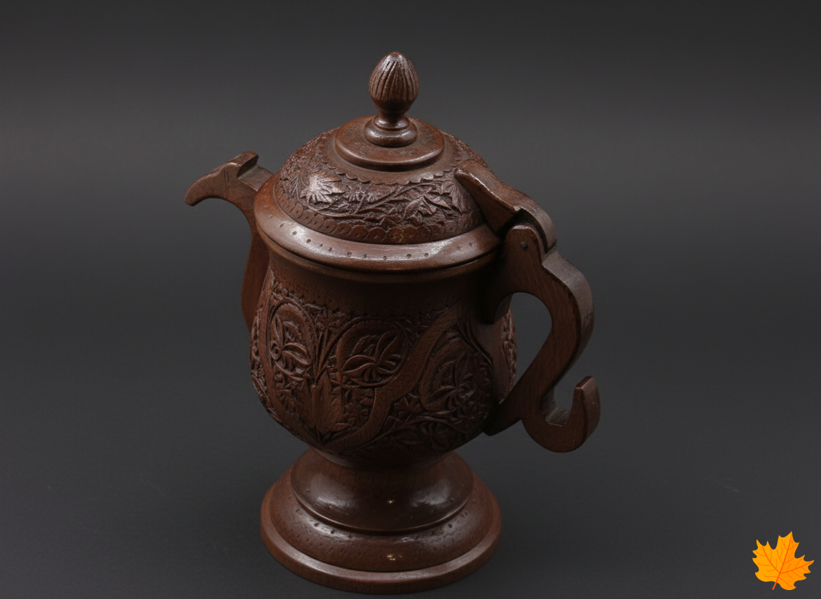 Handcrafted wooden decorative pot with hinged lid