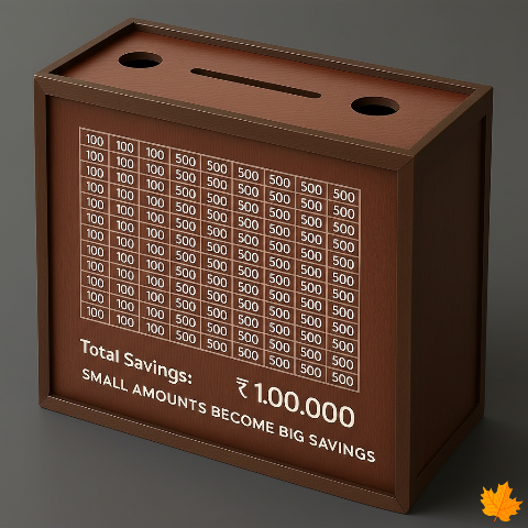 Brown savings box with numeric display and motivational text on a dark background