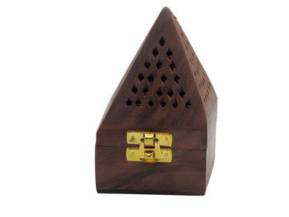 Handcrafted wooden pyramid incense burner storage box