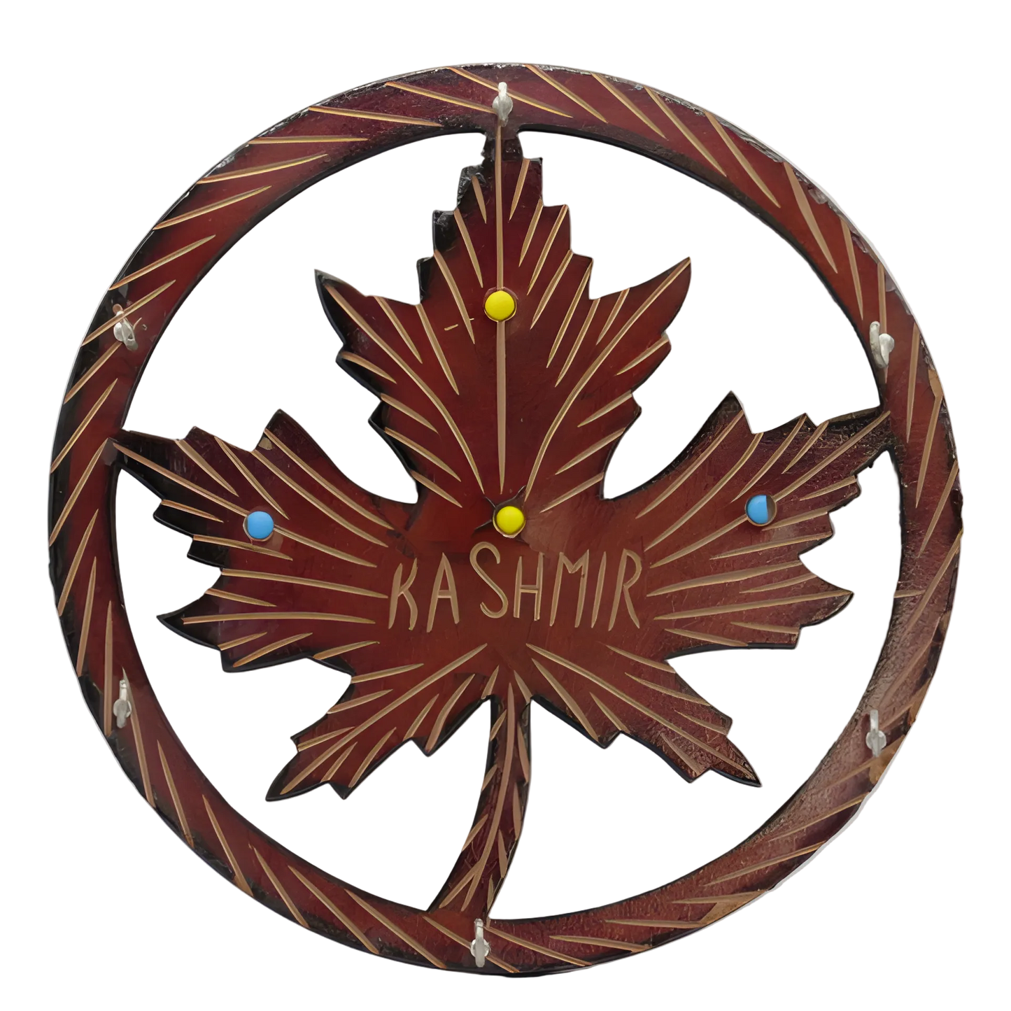 Handcrafted wooden round key hanger with chinar leaf motif