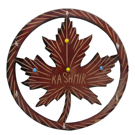 Handcrafted wooden round key hanger with chinar leaf motif