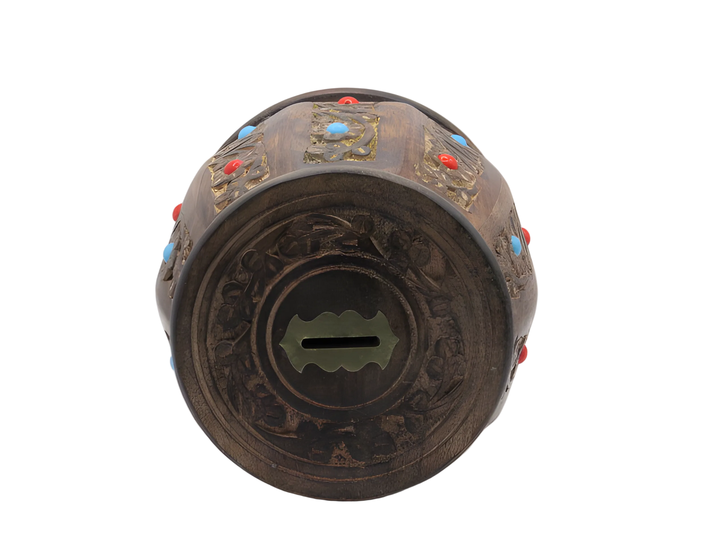 Handcrafted wooden money gullak with floral carving