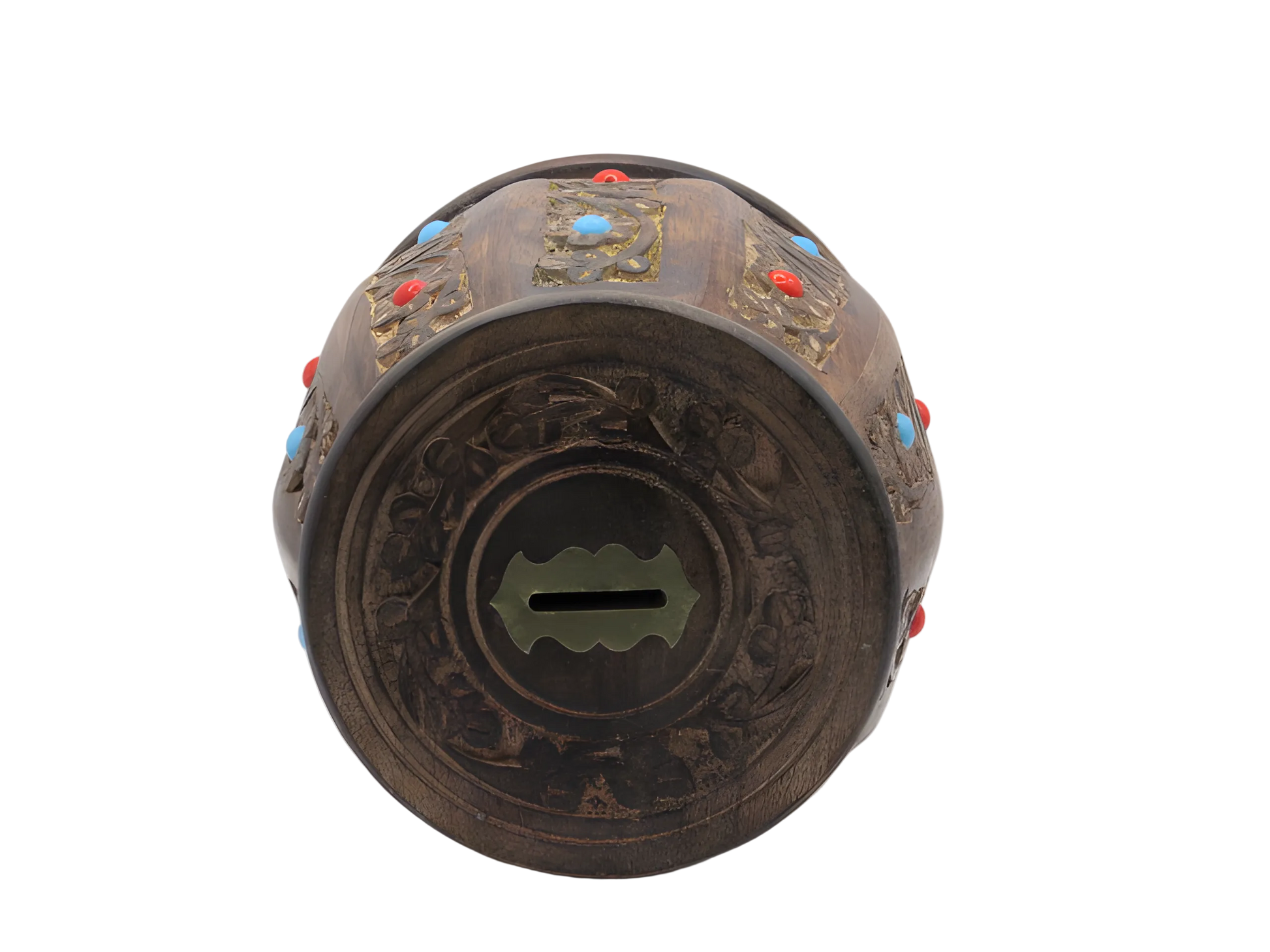 Handcrafted wooden money gullak with floral carving