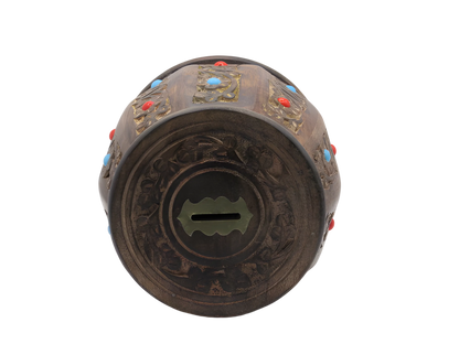 Handcrafted wooden money gullak with floral carving