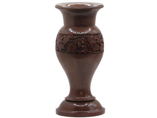 Ornate handcrafted wooden decorative vase with floral design