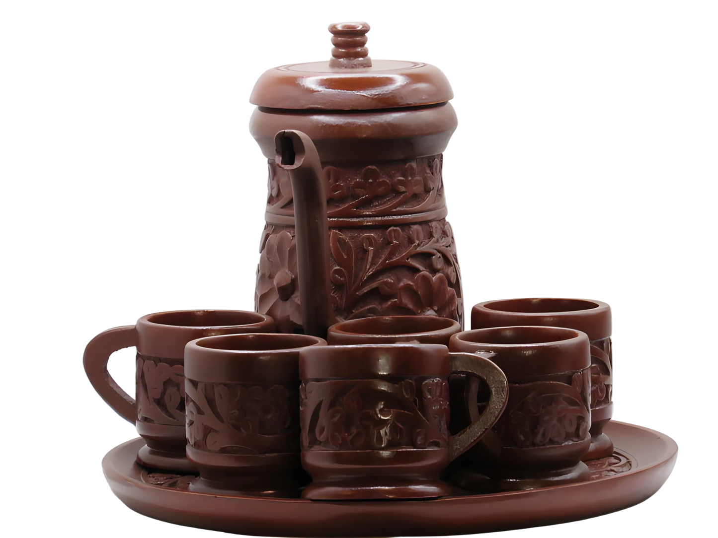 Brown ceramic teapot set with cups and tray