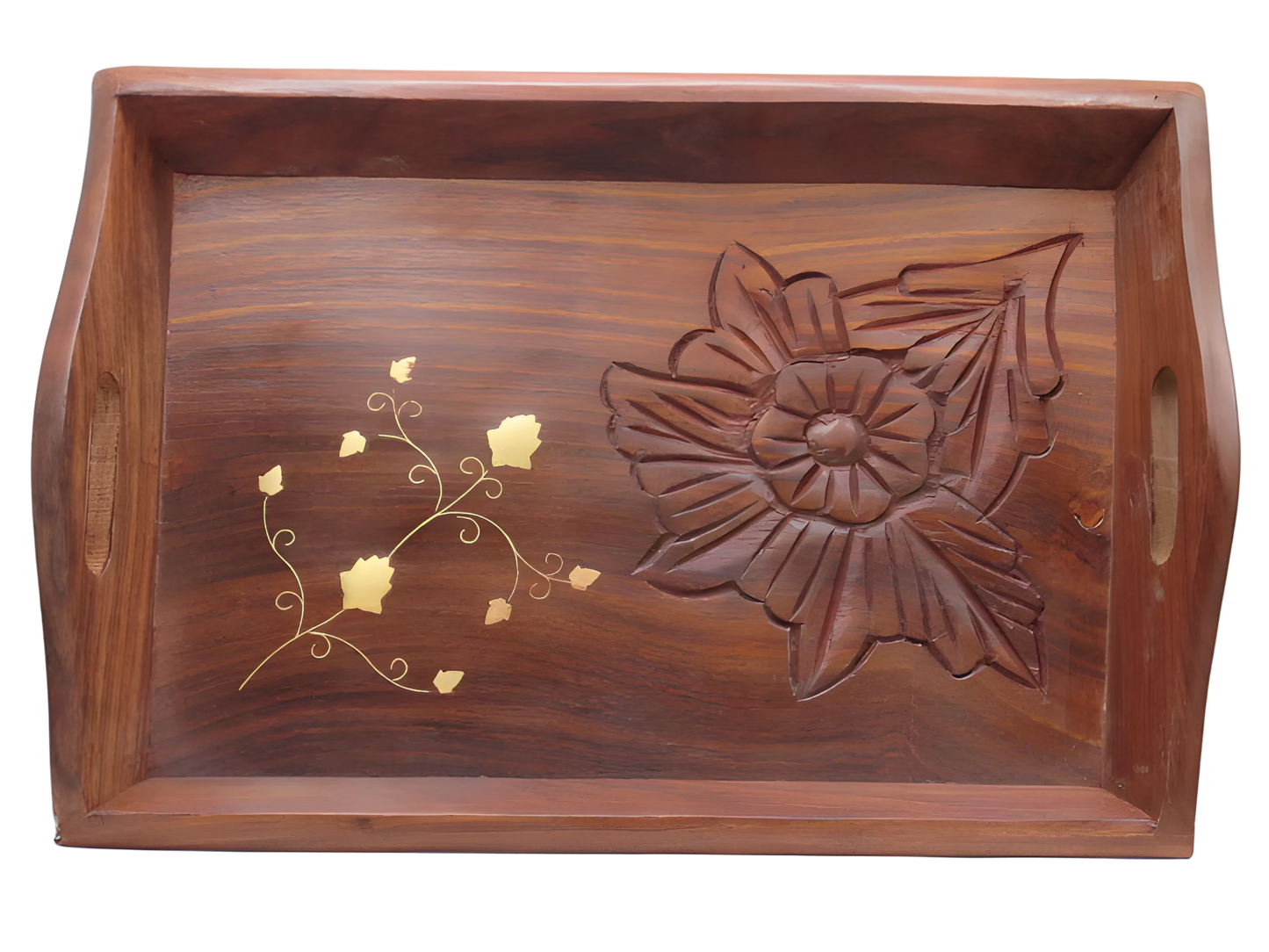 Handcrafted wooden serving tray with floral brass inlay