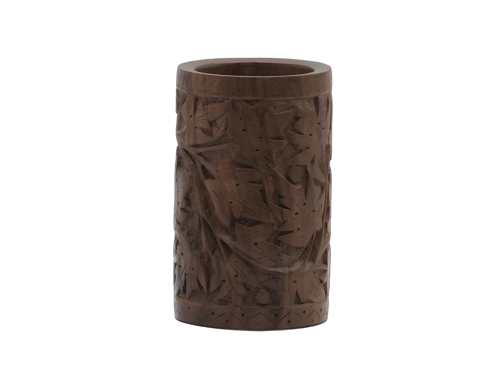 Handcarved wooden cylindrical decorative pot