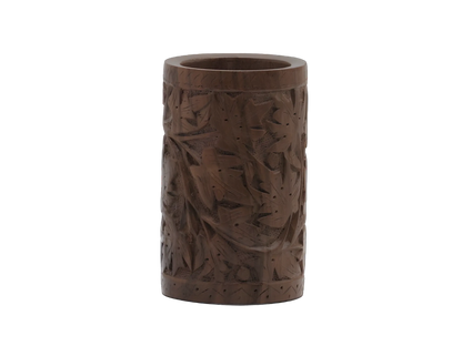 Handcarved wooden cylindrical decorative pot