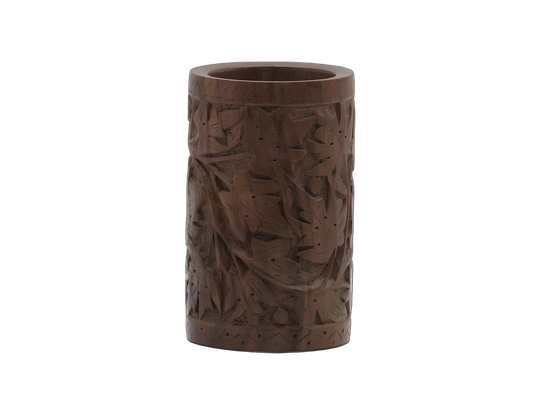 Handcarved wooden cylindrical decorative pot