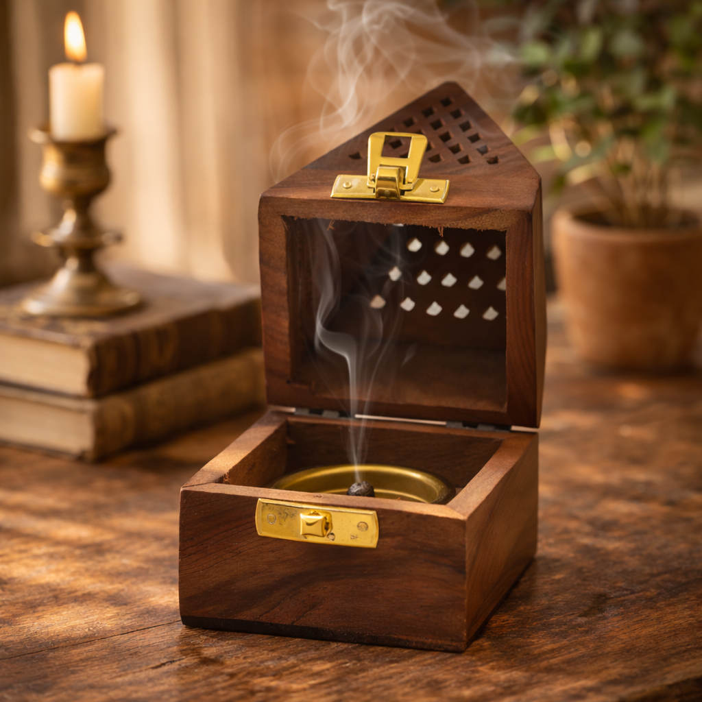 Wooden incense burner with smoke on a wooden surface, candle and books in the background