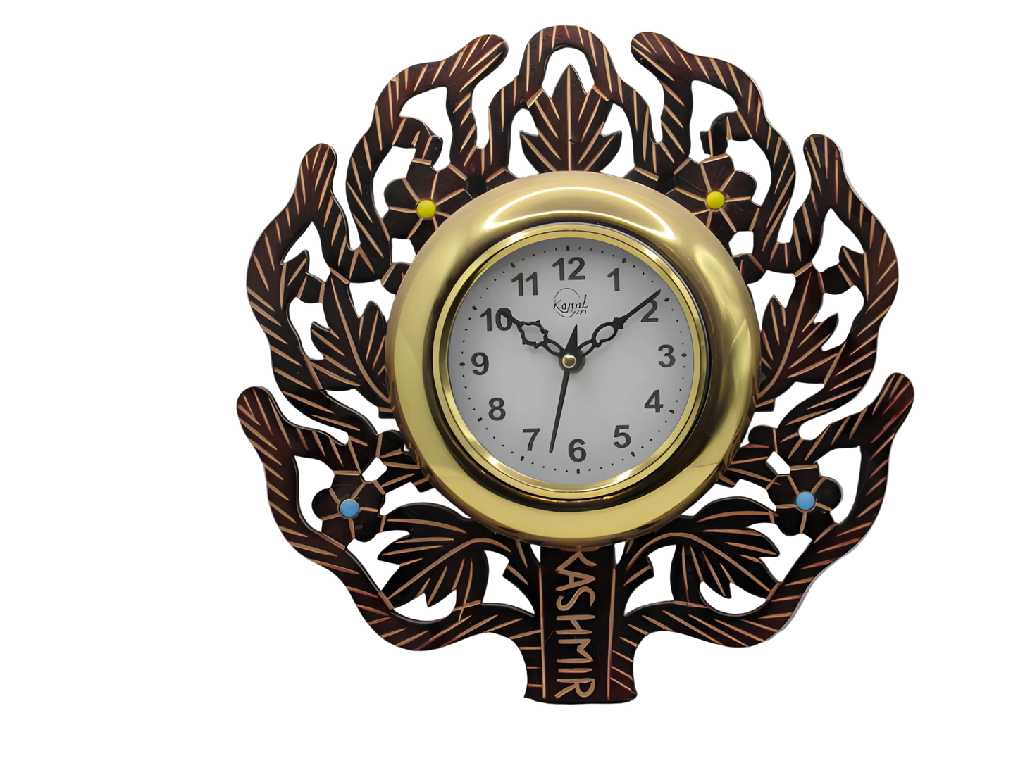 Handcrafted wooden wall clock with leaf motif