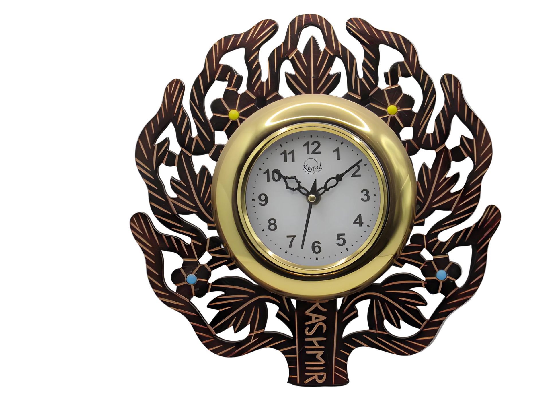 Handcrafted wooden wall clock with leaf motif