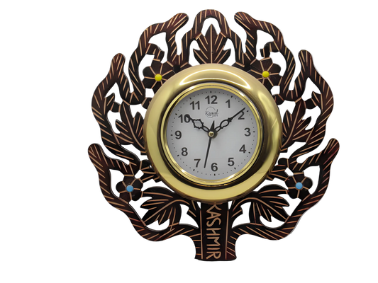 Handcrafted wooden wall clock with leaf motif