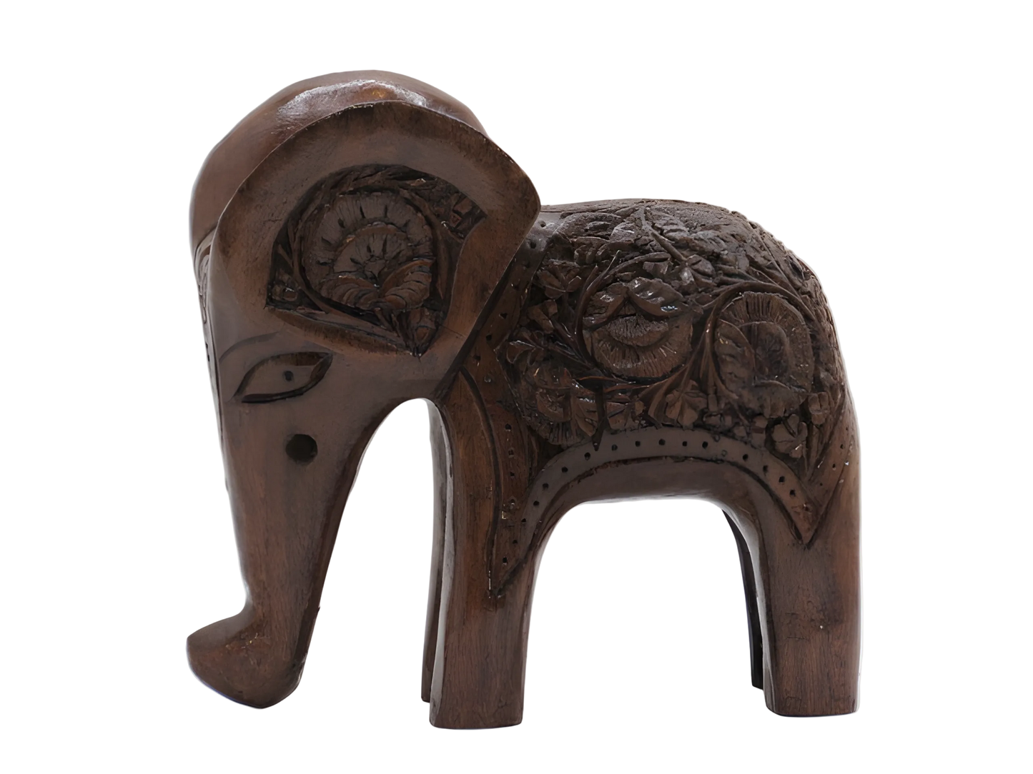 Handcarved wooden elephant figurine with floral detailing