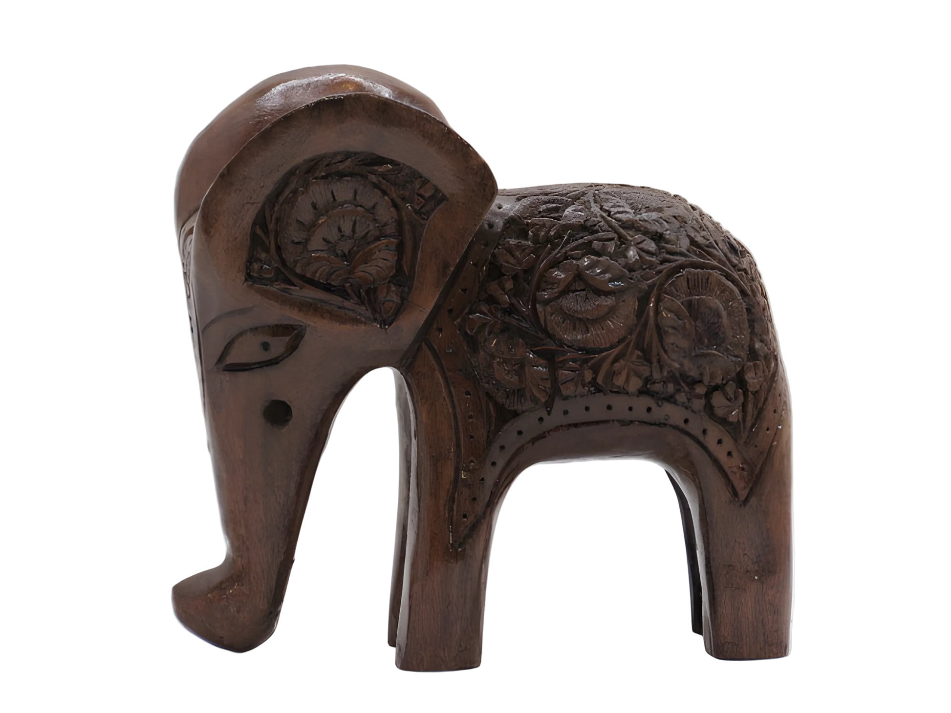 Handcarved wooden elephant figurine with floral detailing