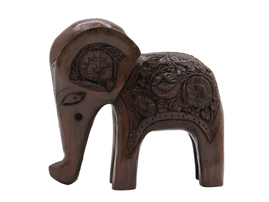 Handcarved wooden elephant figurine with floral detailing