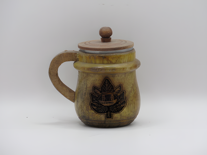 Premium Kashmiri Walnut Wood mug with a lid and leaf design