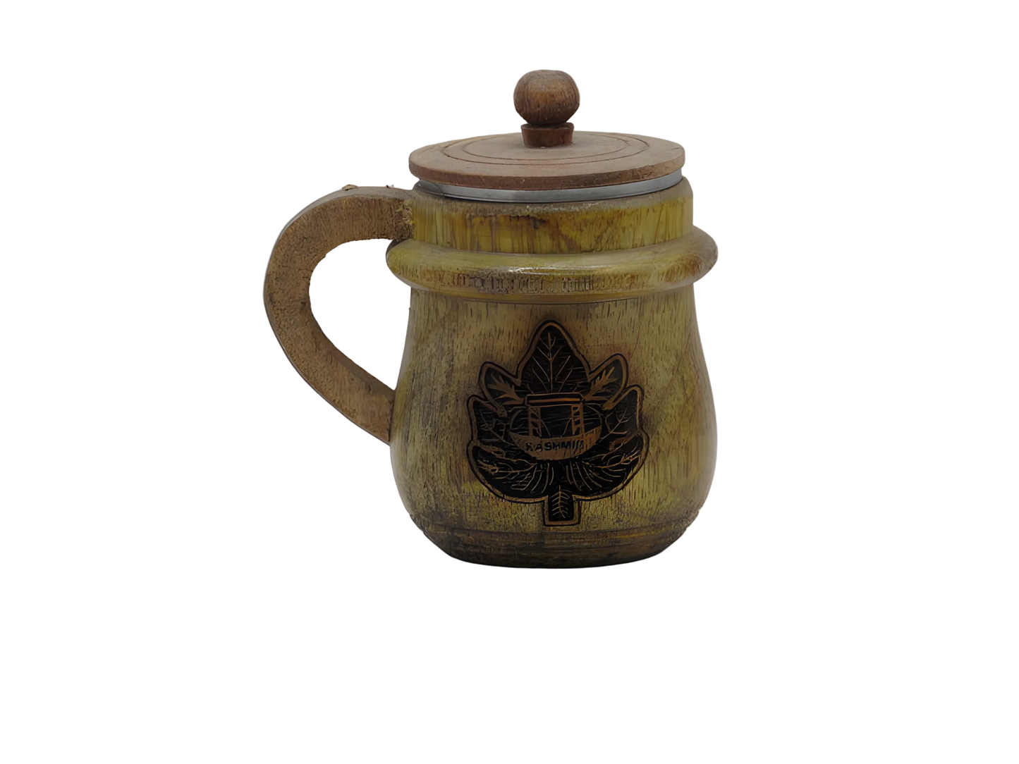 Handcrafted wooden lidded mug with chinar motif
