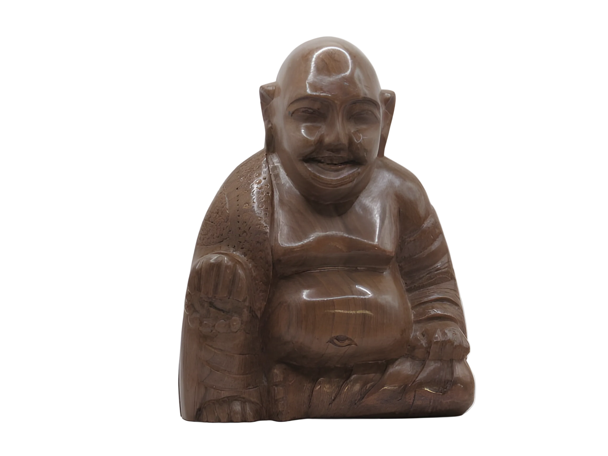 Handcarved wooden smiling buddha monk figurine